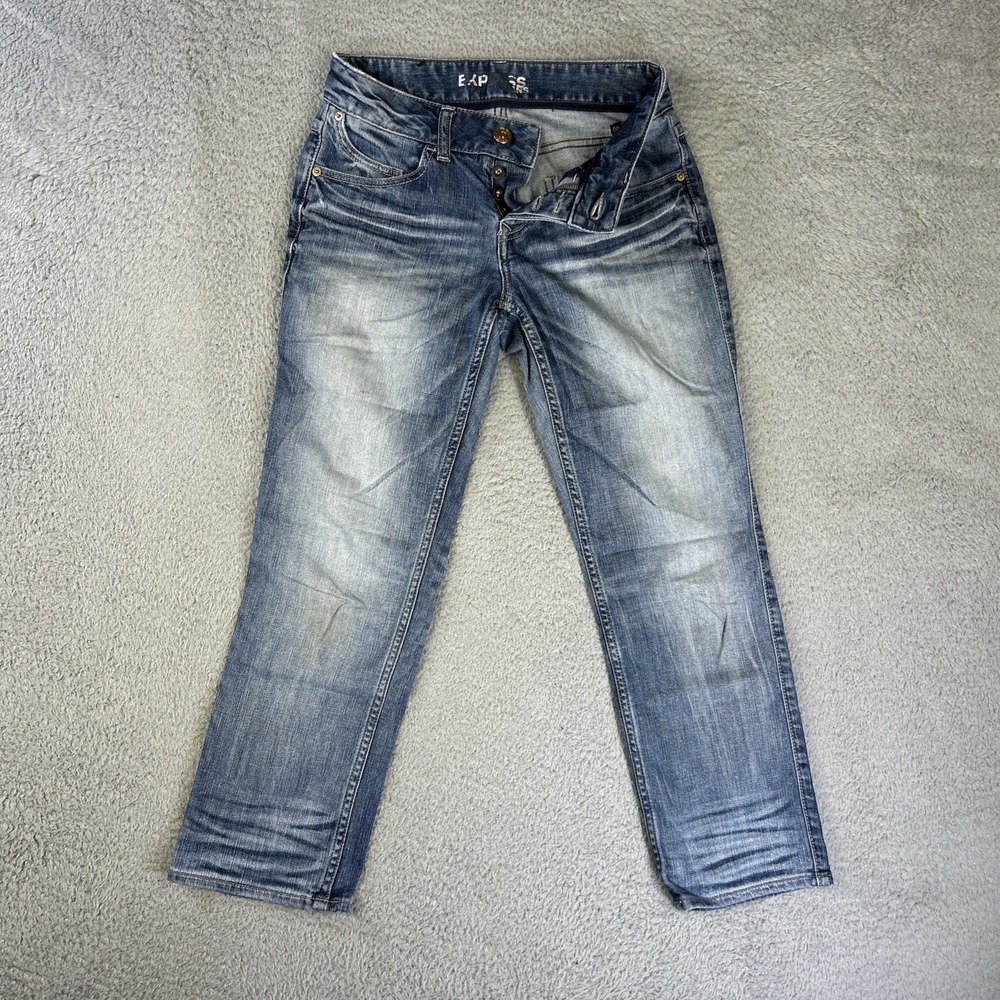 Express Jeans Womens 00 Short Blue Denim Pants Distressed Button Fly Straight